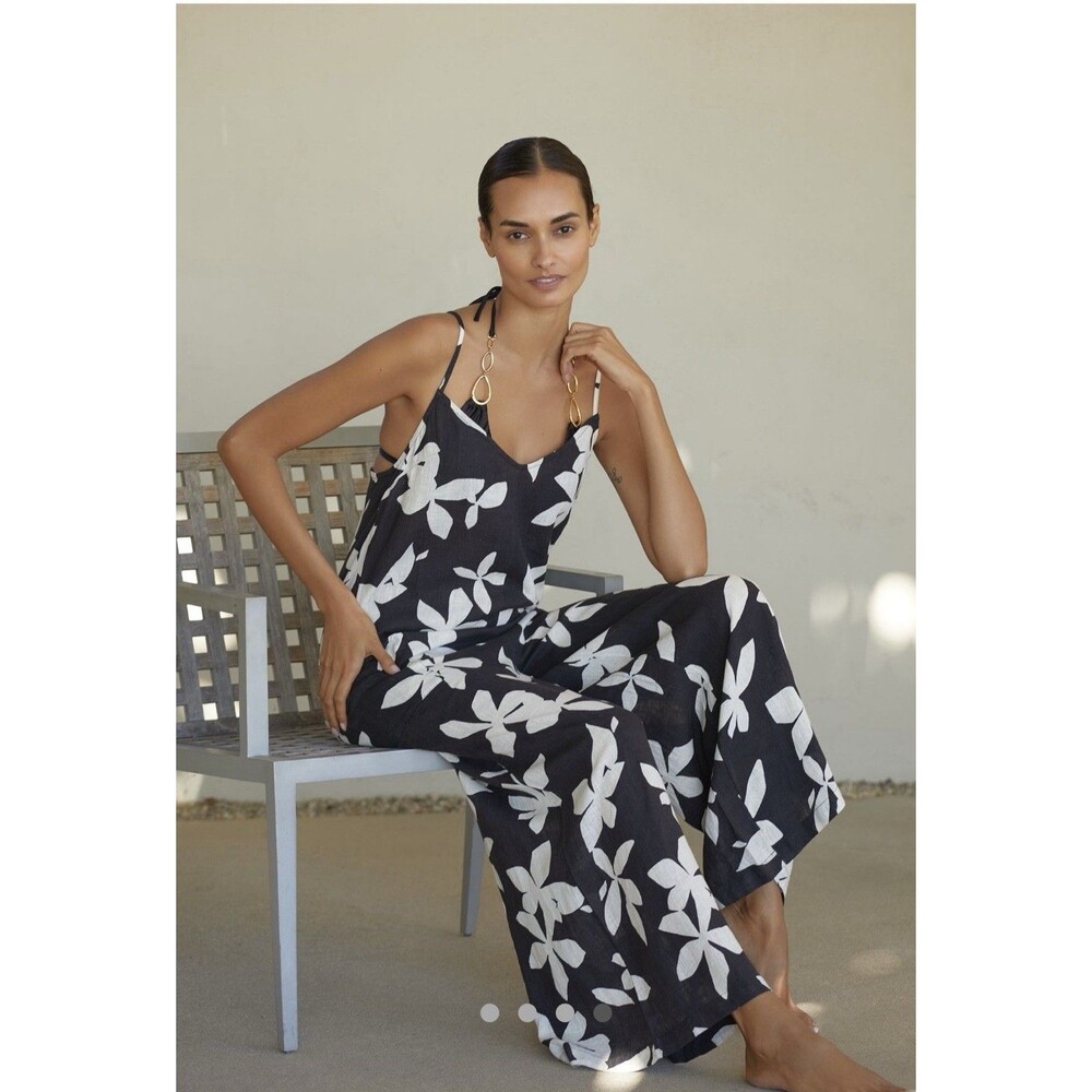 Anthropologie Easy Linen Jumpsuit Black & White Sz XXS